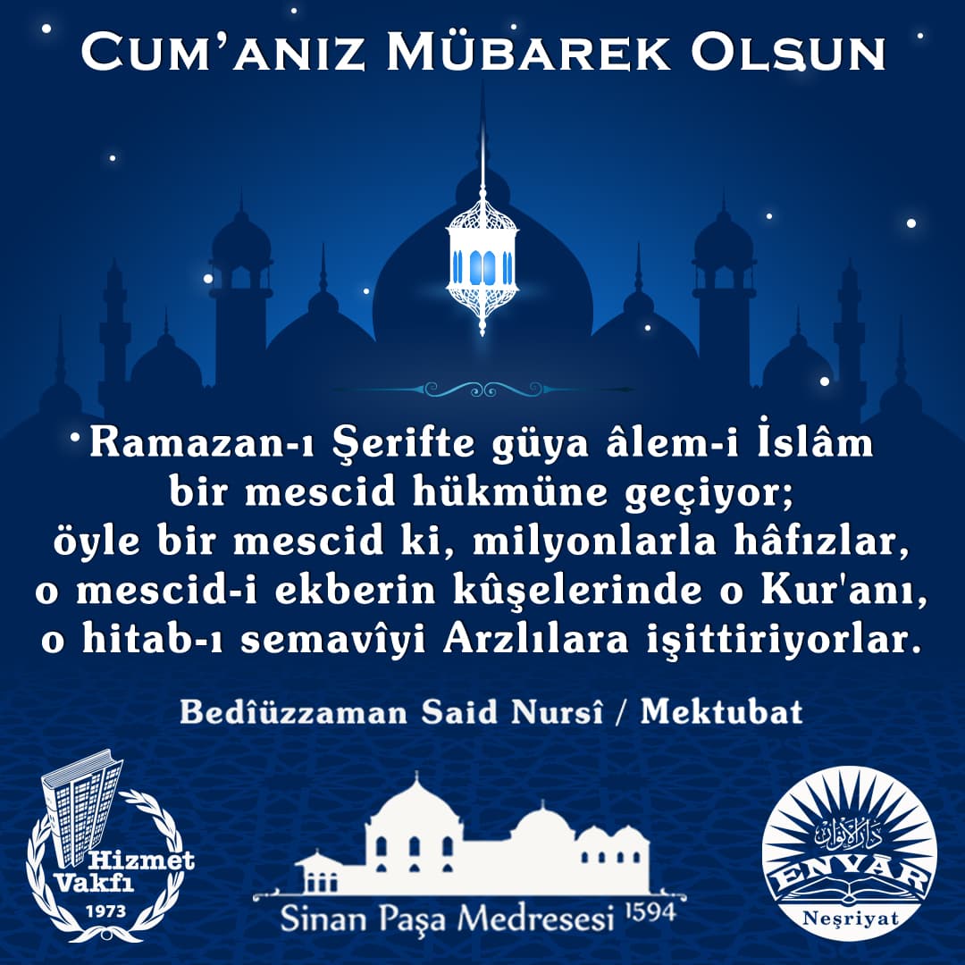 Ramazan-ı Şerifte güya âlem-i İslâm bir mescid hükmüne geçiyor; öyle bir mescid ki, milyonlarla hâfızlar, o mescid-i ekberin kûşelerinde o Kur'anı, o hitab-ı semavîyi Arzlılara işittiriyorlar.