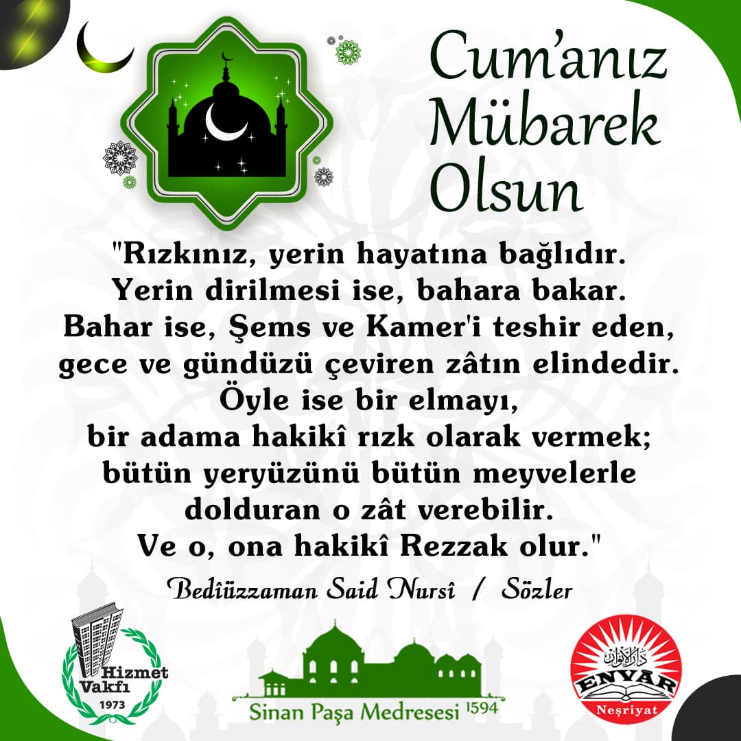 Rızkınız, yerin hayatına bağlıdır. Yerin dirilmesi ise, bahara bakar. Bahar ise, Şems ve Kamer'i teshir eden, gece ve gündüzü çeviren zâtın elindedir. Öyle ise bir elmayı, bir adama hakikî rızk olarak vermek; bütün yeryüzünü bütün meyvelerle dolduran o zât verebilir. Ve o, ona hakikî Rezzak olur.