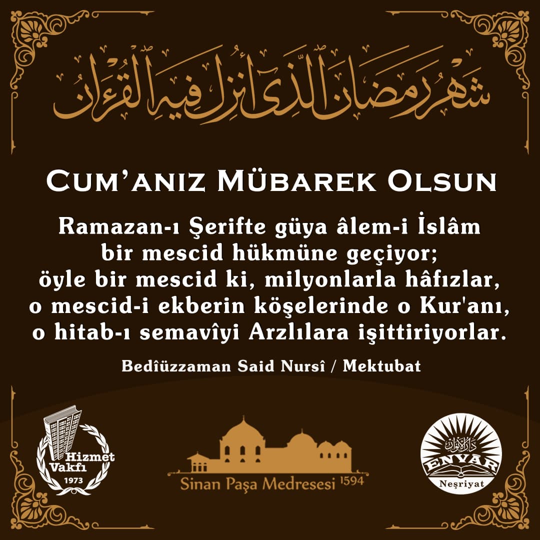 Ramazan-ı Şerifte güya âlem-i İslâm bir mescid hükmüne geçiyor; öyle bir mescid ki, milyonlarla hâfızlar, o mescid-i ekberin köşelerinde o Kur'anı, o hitab-ı semavîyi Arzlılara işittiriyorlar.