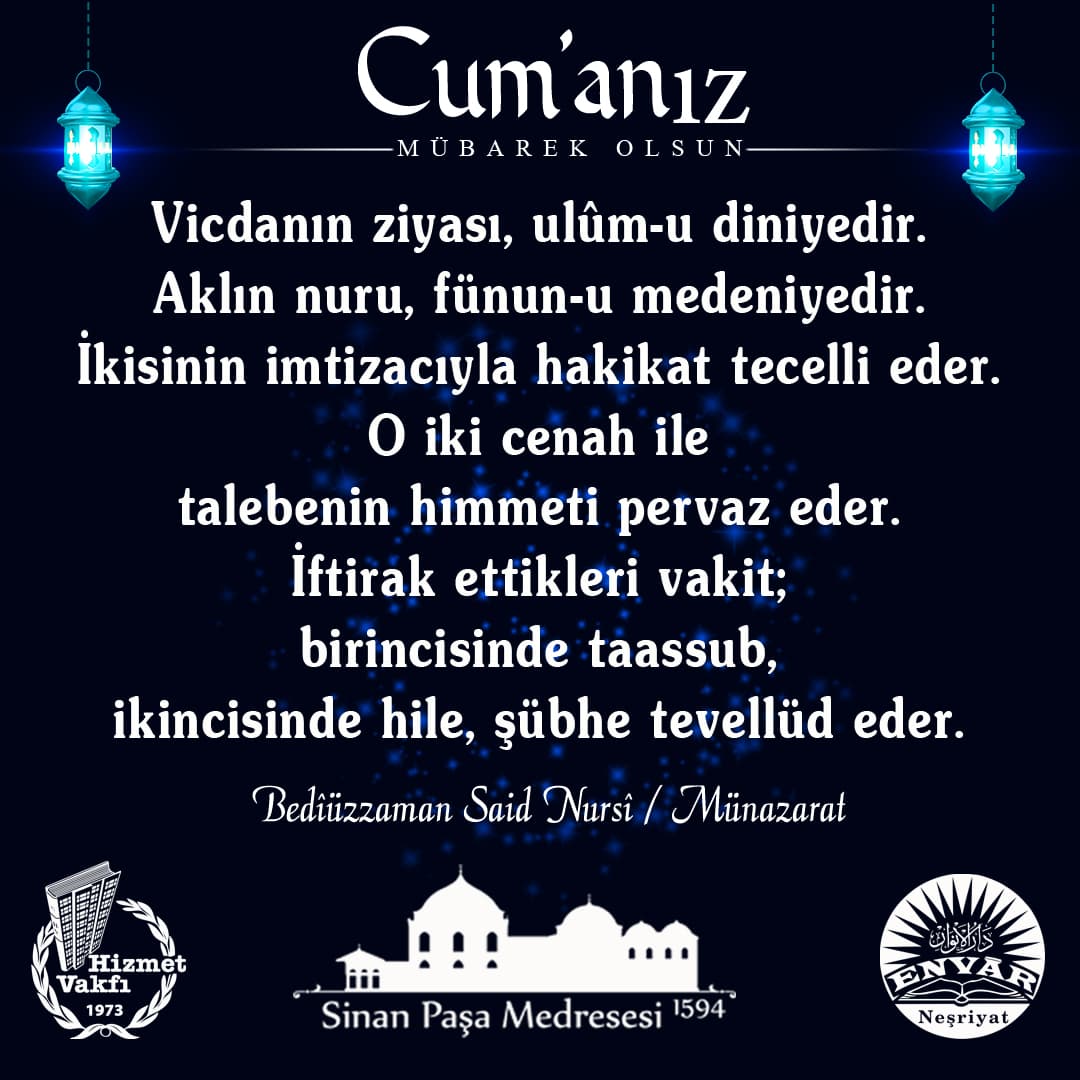 Vicdanın ziyası, ulûm-u diniyedir. Aklın nuru, fünun-u medeniyedir. İkisinin imtizacıyla hakikat tecelli eder. O iki cenah ile talebenin himmeti pervaz eder. İftirak ettikleri vakit; birincisinde taassub, ikincisinde hile, şübhe tevellüd eder.